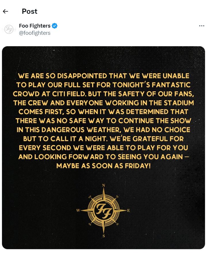 Foo Fighters express disappointment over concert conclusion due to dangerous weather