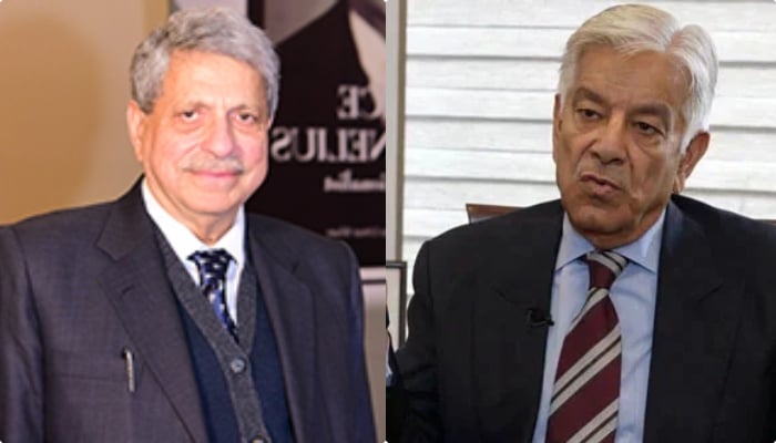 PTI leader and senior lawyer Hamid Khan (left) and Defence Minister Khawaja Asif (right). —Cornelius, Lane & Mufti/ X/@FarhatJavedR/ File