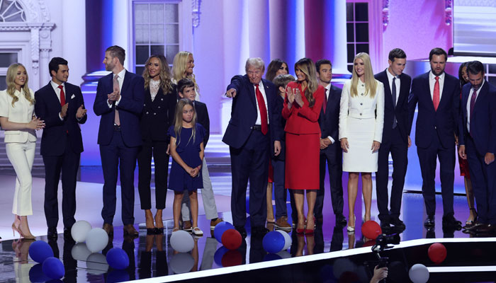 Republican presidential nominee Donald Trump is joined on stage by his wife Melania and other relatives on Day 4 of the Republican National Convention (RNC), at the Fiserv Forum in Milwaukee, Wisconsin, US, July 18, 2024. — Reuters