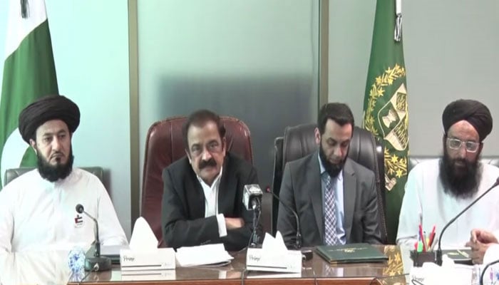 PMs Adviser on Political Affairs Rana Sanaullah (second left) flanked by Information Minister Ataullah Tarar (second right) and TLP leaders is addressing the press conference in Islamabad on July 19, 2024. — Screengrab/YouTube/GeoNews