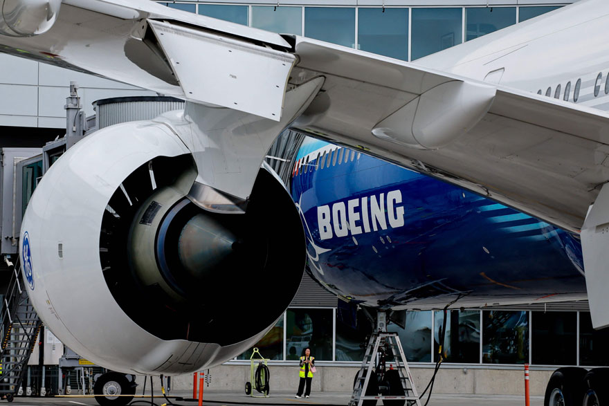 A Boeing 777X flight test aircraft is parked at a gate at the Everett Delivery Center on June 26, 2024 in Everett, Washington. — AFP