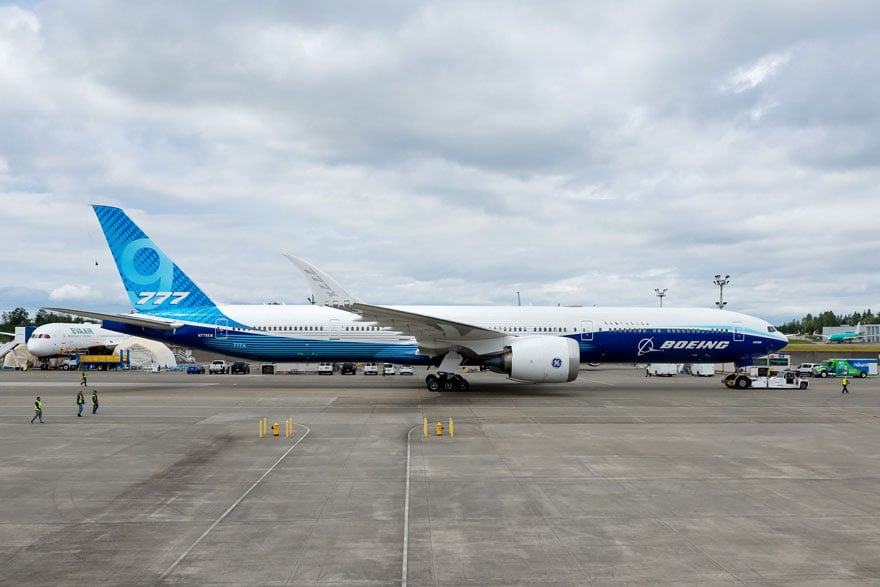 A Boeing 777X flight test aircraft is moved at the Everett Delivery Center on June 26, 2024 in Everett, Washington. — AFP