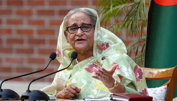 Prime Minister of Bangladesh Sheikh Hasina speaks during a meeting with foreign observers and journalists at the PMs residence in Dhaka, Bangladesh on January 8, 2024. — Reuters