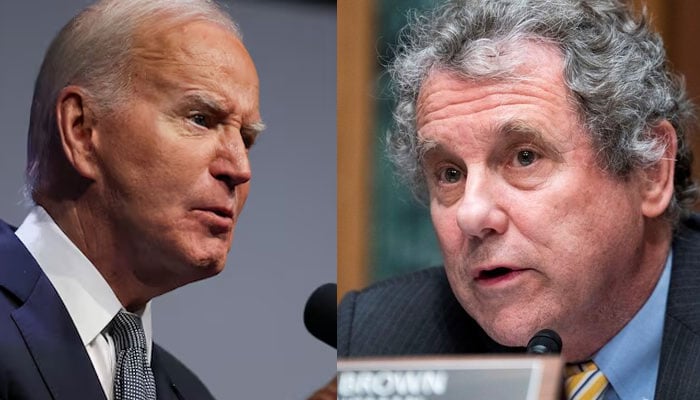 President of US Joe Biden (left) addressing an economic summit on July 16, 2024 in Henderson, Nevada, US Sherrod Brown pictured speaking at a Senate Banking, Housing and Urban Affairs Committee meeting on May 10, 2022 in Dirksen Senate Office Building in Washington DC, US. — Reuters