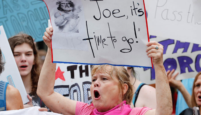 Katherine Meyer, of Washington, chants during a demonstration demanding that US President Joe Biden withdraw from the 2024 election race, outside the White House in Washington, US, July 20, 2024. — Reuters