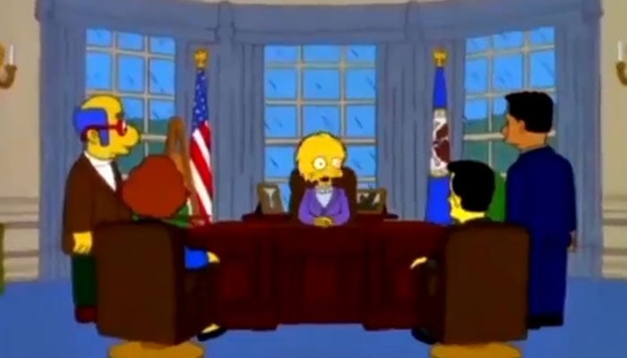 A screenshot from the 17th episode of the 11th series of The Simpsons in March 2000 showing character Lisa Simpson as US president. — X/@BerwickJeff.