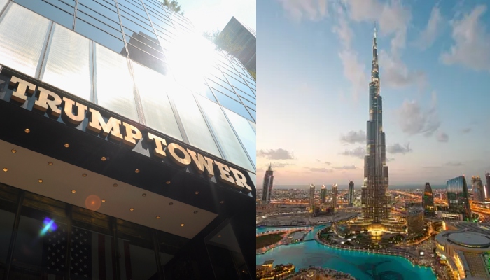 This combination of images shows the entrance of the Trump Tower in New York, US (left) and the the worlds tallest building, the Burj Khalifa in Dubai, UAE. — Reuters/Unsplash/Files