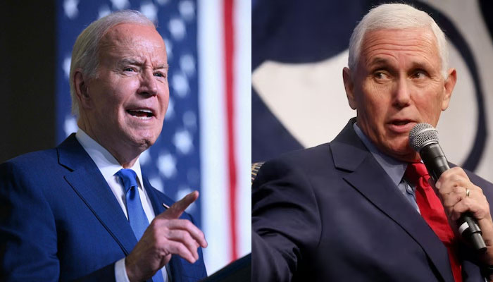 President Joe Biden (left) addressing a crowd and former vice president Mike Pence — Reuters/AFP/File