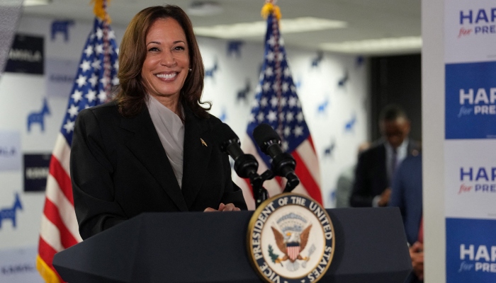 US Vice President and Democratic presidential candidate Kamala Harris speaks at her campaign headquarters in Wilmington, Delaware, on July 22, 2024. —AFP