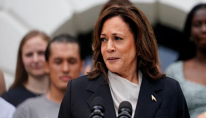 US Vice President Kamala Harris, delivers remarks to the women and mens National Collegiate Athletic Association (NCAA) Champion teams in her first public appearance since President Joe Biden dropped out of the 2024 race, on the South Lawn of the White House, Washington DC, US on July 22, 2024 — Reuters