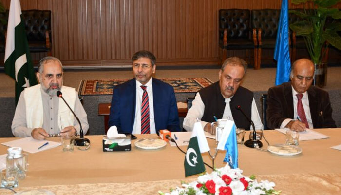 Speakers, including Ambassador Asif Durrani, Pakistan’s Special Representative on Afghanistan (second from right) can be seen at a roundtable discussion on the “Pak-Afghan Relations: Challenges and Opportunities” at the Institute of Regional Studies (IRS) on July 23, 2024. — APP