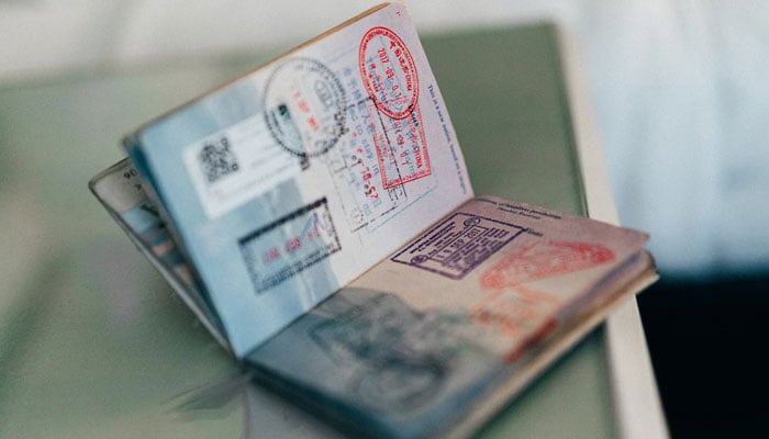 This representational image shows a immigration stamps on a passports pages. — Unsplash