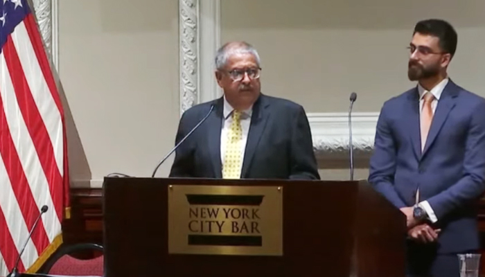 Supreme Court Justice Athar Minallah addressing an event of the New York City Bar Association. — Screengrab via Geo News