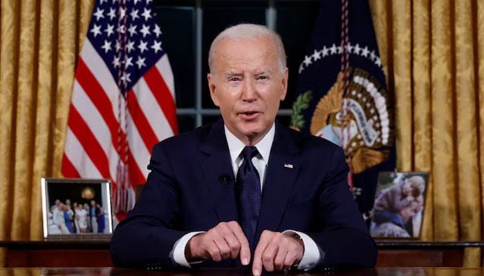 US President Joe Biden delivers a prime-time address to the nation about his approaches to the conflict between Israel and Hamas, humanitarian assistance in Gaza and continued support for Ukraine in their war with Russia, from the Oval Office of the White House in Washington, US, October 19, 2023. — Reuters