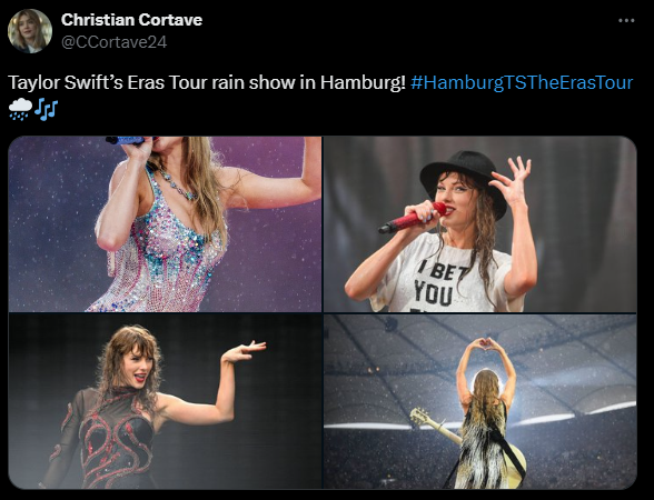 Taylor Swift performs while raindrops touches her guitar in Germany