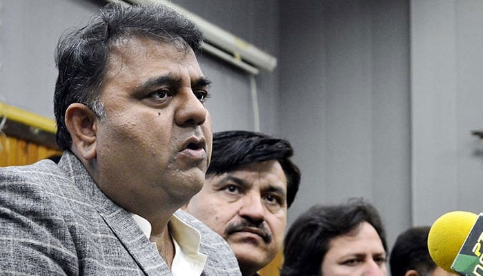 Former minister for information and broadcasting Fawad Chaudhry addressing a press conference in Peshawar, on April 20, 2022. — Online