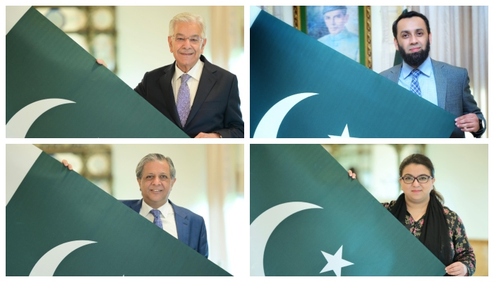 (Clockwise) Defence Minister Khawaja Asif, Information Minister Ataullah Tarar, Law Minister Azam Nazeer Tarar, and State Minister for IT Shaza Fatima Khawaja pose with Pakistans flag in Islamabad, on July 25, 2024. — PMs Office