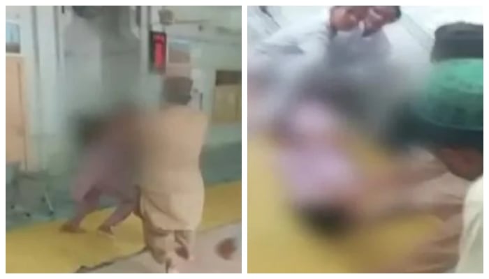 A teacher of a madrassa in Faisalabad beats his student, on July 24, 2024. — Geo News