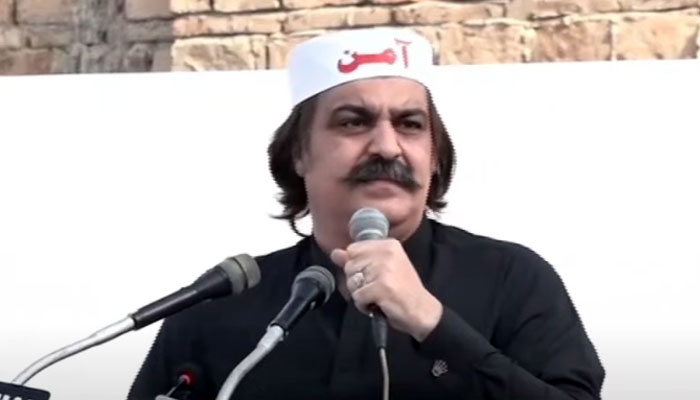 Khyber Pakhtunkhwa Chief Minister Ali Amin Gandapur addressing  a gathering of the Aman Jirga in Bannu on July 26, 2024. — YouTube/Geo News/Screengrab