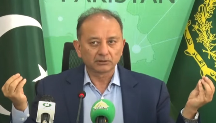 Federal Minister for Petroleum Dr Musadik Malik addresses the press conference in Islamabad on July 27, 2024. — Screengrab via Geo News