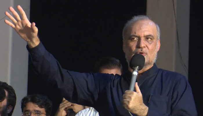 Jamaat-e-Islami Emir Hafiz Naeemur Rehman addresses the anti-inflation sit-in in Rawalpindi on July 27, 2024. — Screengrab via Geo News