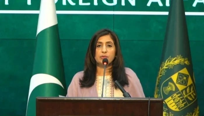 Foreign Office Spokesperson Mumtaz Zahra Baloch is addressing her weekly press briefing in Islamabad on April 26, 2024. —Screengrab/ X/@ForeignOfficePk