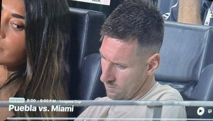 This image shows the viral moment where Lionel Messis wife Antonela Roccuzzo gave him a side-eye during Inter Miamis Leagues Cup fixture against Puebla on July 27, 2024. — X/@CFC_Janty