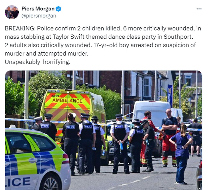 Piers Morgan reacts to stabbing at Taylor Swift themed dance class party