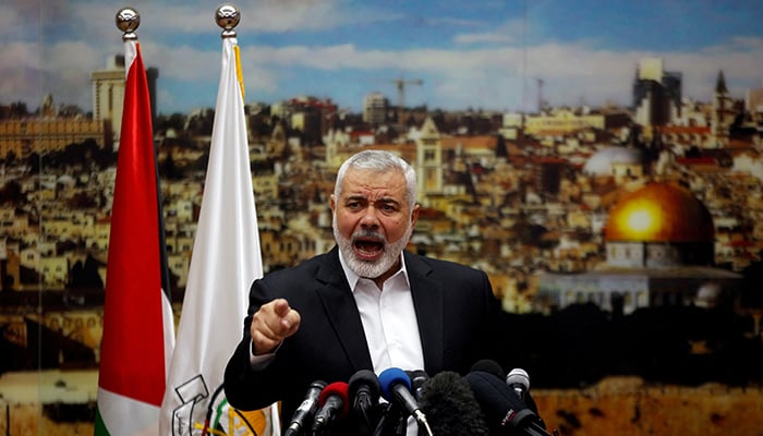 Hamas chief Ismail Haniyeh gestures as he delivers a speech in Gaza City December 7, 2017. — Reuters