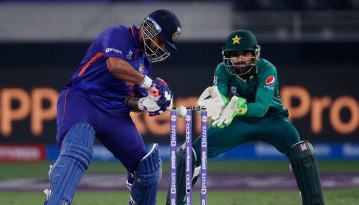 Indias Rishabh Pant hits a four during a T20 match against Pakistan on October 24, 2021. — Reuters