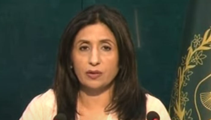 Foreign Office Spokesperson Mumtaz Zahra Baloch addresses the weekly press briefing in Islamabad on August 1, 2024. — Screengrab/YouTube/Geo News Live