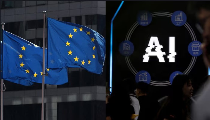 This combination of images shows the European Union flags and the initials of artifical intelligence displayed on a screen at an event. — Reuters/Files