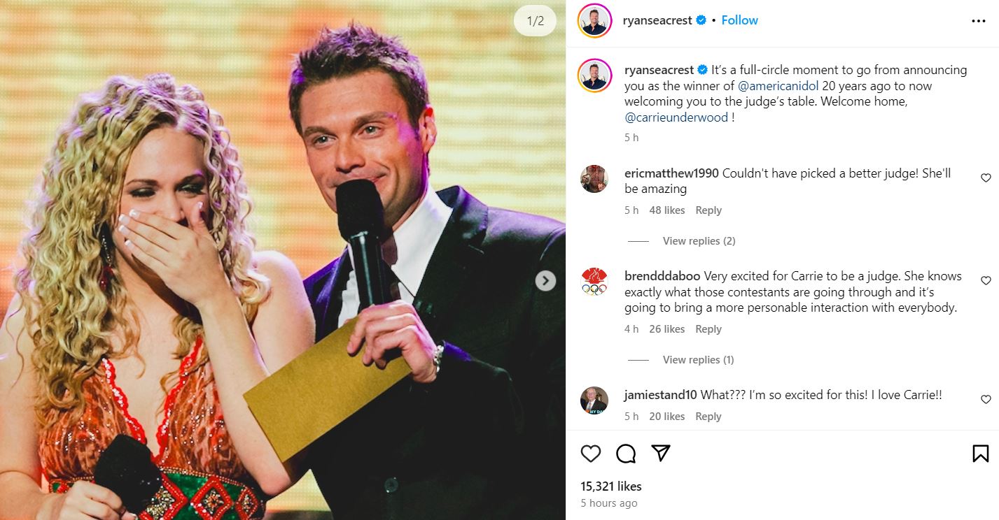 Ryan Seacrest celebrates Carrie Underwoods full circle moment