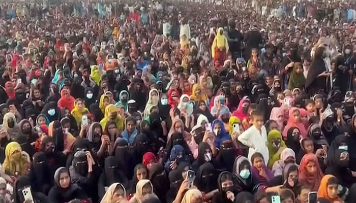 Women attending Baloch Yakjehti Committee (BYC) sit-in at the Marine Drive in Gwadar, Balochistan, on July 29, 2024. — Facebook/@Baloch Yakjehti Committee