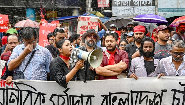 Protestors rally to demand justice for victims arrested and killed in the recent countrywide violence in Dhaka on August 1, 2024. — AFP