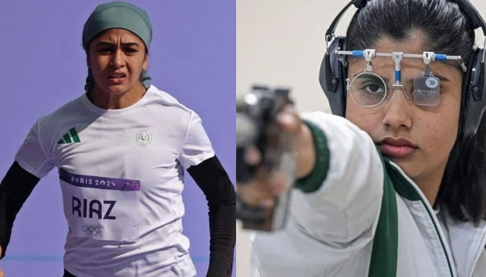 Pakistans athlete Faiqa Riaz participating in the Paris Olympics 2024 (left) and Pakistans shooter Kishmala Talat. — Author/AFP/File