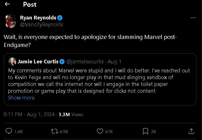 Ryan Reynolds teases Jamie Lee Curtis for Marvel remarks