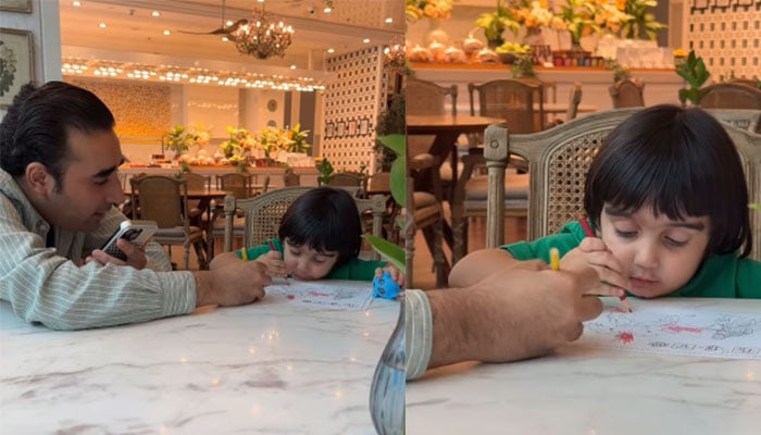 PPP Chairman Bilawal Bhutto spends colouring time with his nephew Mir Hakim Mehmood Chaudhry. — Instagram/@bakhtawarbz/@mirhakim10