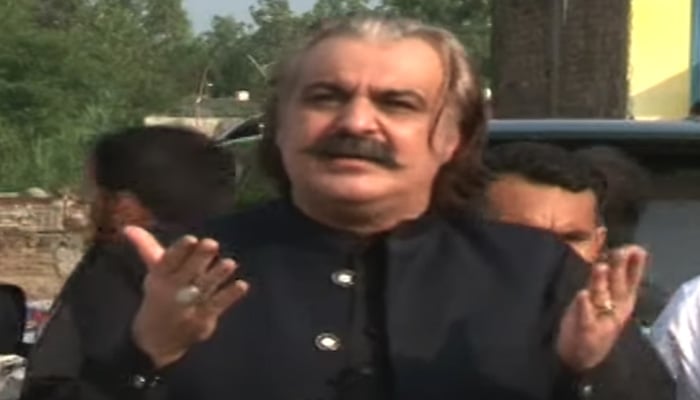 Khyber Pakhtunkhwa Chief Minister Ali Amin Gandapur addresses the press conference outside Adiala Jail, Rawalpindi, August 03, 2024. — Screengrab via Geo News