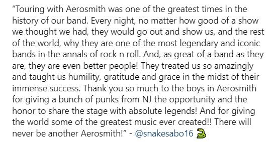 Skid Row expresses gratitude to Aerosmith for the music and memories