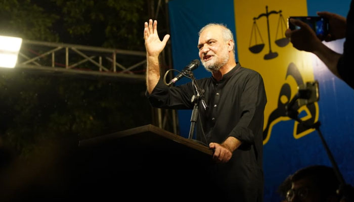 Jamaat-e-Islami (JI) Emir Hafiz Naeem ur Rehman addressing a sit-in on August 5, 2024. — Facebook/@Hafiz Naeem ur Rehman