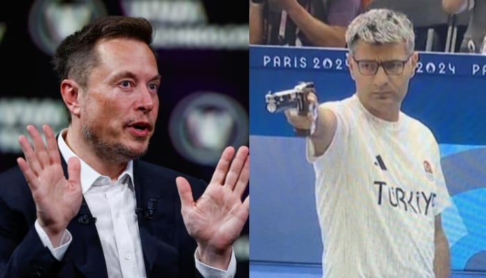 A combination of images showing Tesla CEO Elon Musk (left) and Turkish shooter Yusuf Dikec who went viral for winning a silver medal at the Paris Olympics 2024 without special gear. — Reuters/X/@ScharoMaroof