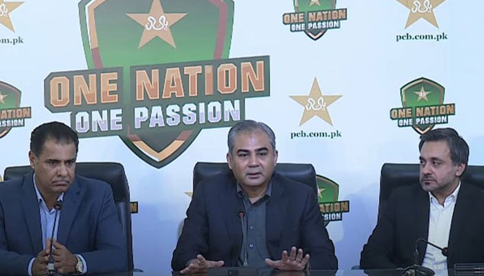 PCB Chief Mohsin Naqvi (centre) pictured alongside boards COO Salman Naseer (right) and Adviser to Chairman on Cricket Affairs Waqar Younis during a press conference at  Lahores Gaddafi Stadium on August 5, 2024. — Screengrab via YouTube/@pakistancricket