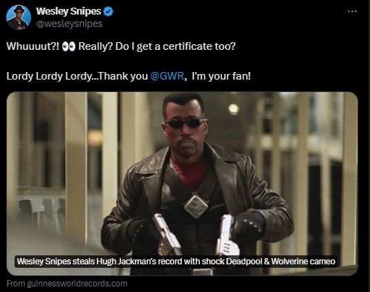 Blade star Wesley Snipes reacts to record breaking achievement