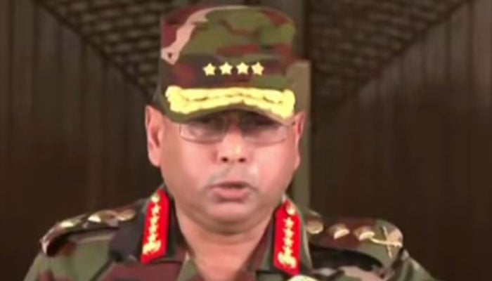 Bangladeshs army chief Waker-Uz-Zaman speaks during a televised address in Dhaka, Bangladesh, on August 5, 2024. — Screengrab