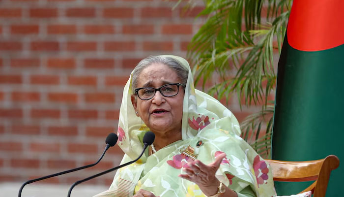 Sheikh Hasina speaks during a meeting with foreign observers and journalists at the Prime Ministers residence in Dhaka, Bangladesh, January 8, 2024. — Reuters