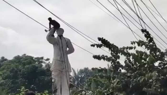 A protester seen vandalising statue of Sheikh Hasinas father, Sheikh Mujibur Rehman. — Screebgrab/Social Media