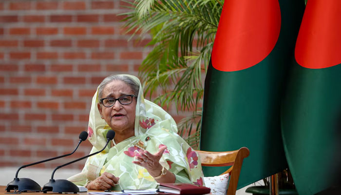 Sheikh Hasina speaks during a meeting with foreign observers and journalists at the Prime Ministers residence in Dhaka, Bangladesh, January 8, 2024. — Reuters