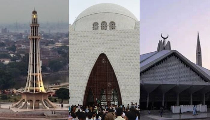 The combined image shows Faisal Mosque in Islamabad (R), Mazaar e Quaid in Karachi (C) and Minar e Pakistan in Lahore. — AFP/File