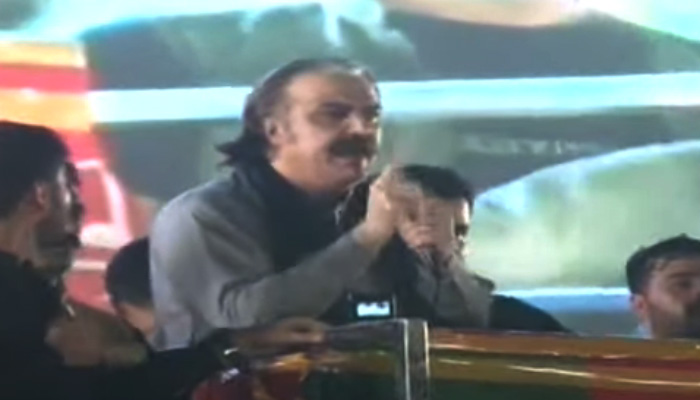 Khyber Pakhtunkhwa Chief Minister Ali Amin Gandapur addresses the PTI power show in Swabi on August 5, 2024. — Screengrab via Geo News